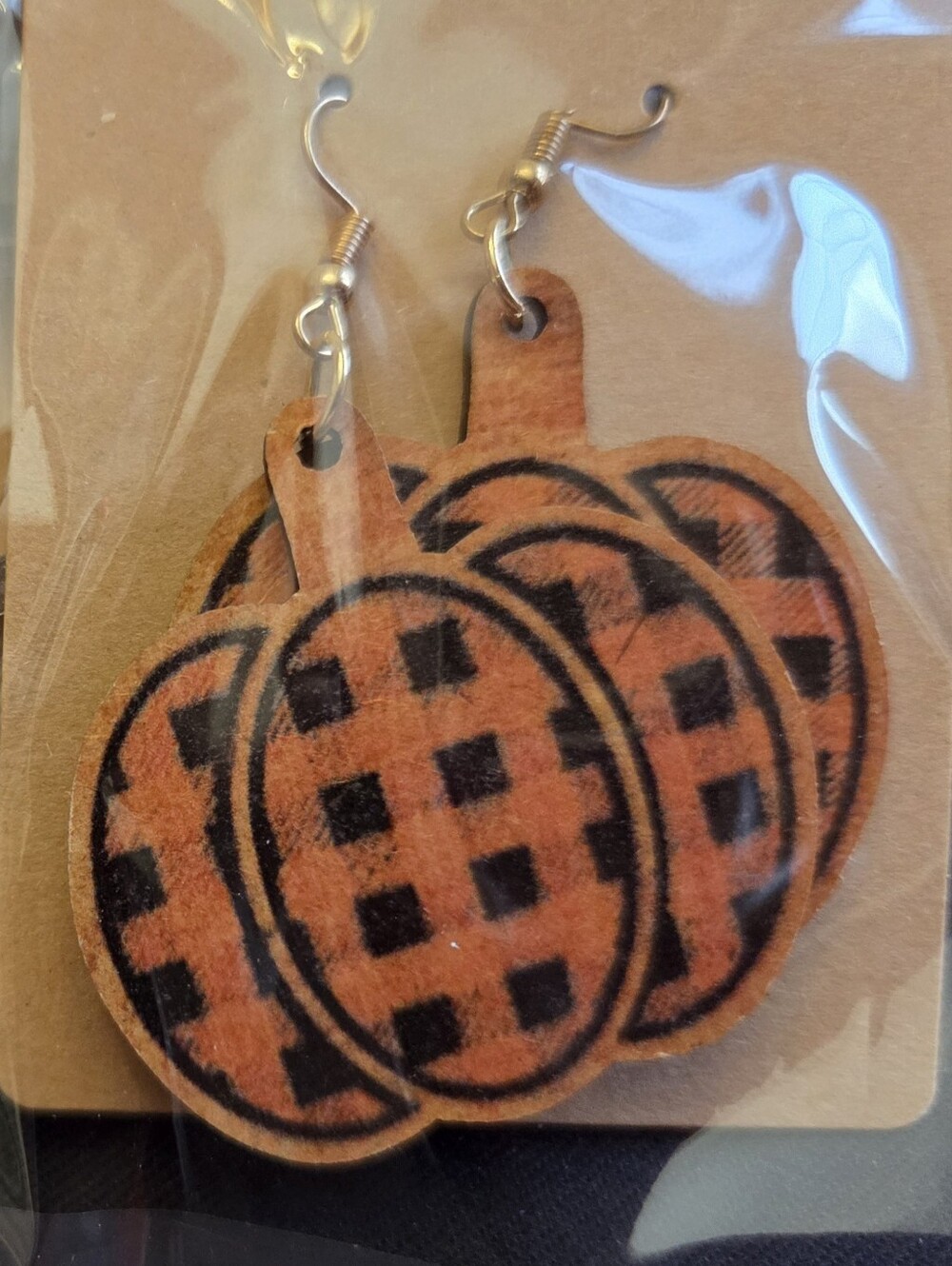 Plaid Pumpkin Wooden Dangle Earrings - Orange